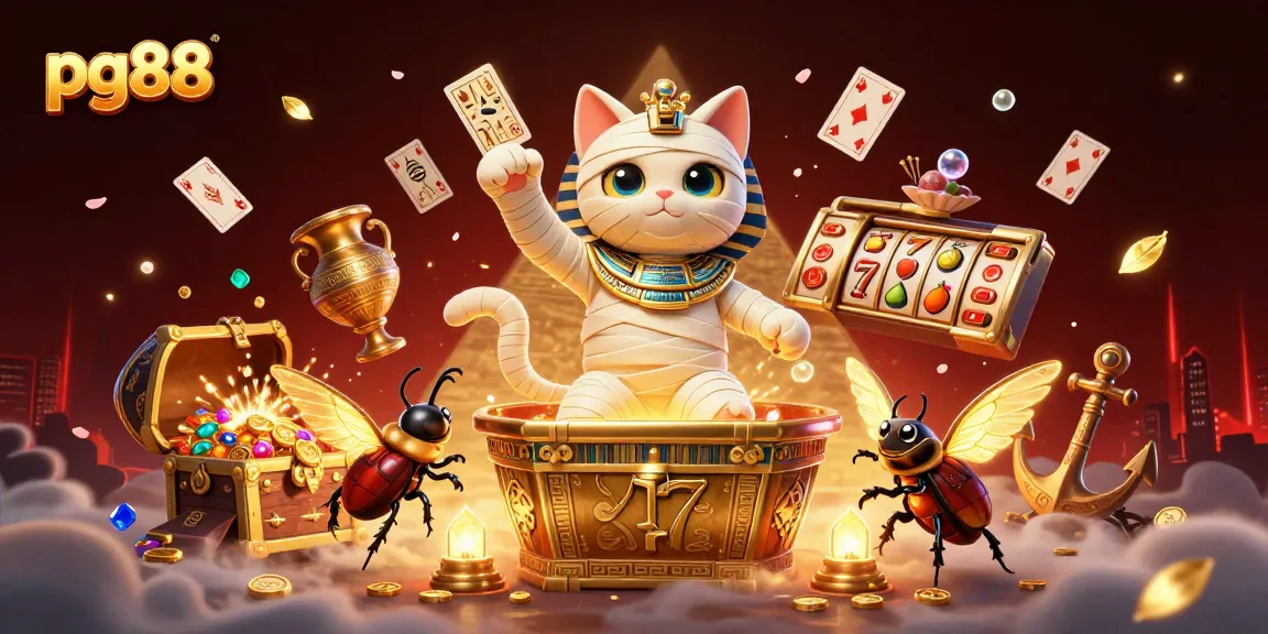 Engage with pg88's thrilling casino world featuring a mummy cat, treasure, and vibrant slot reels.