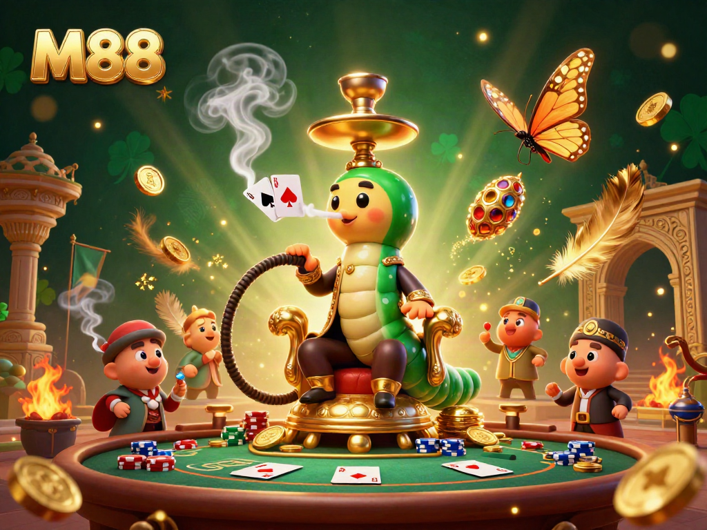 M88 poker table scene with an enormous caterpillar hookah-master surrounded by vibrant gambling elements.