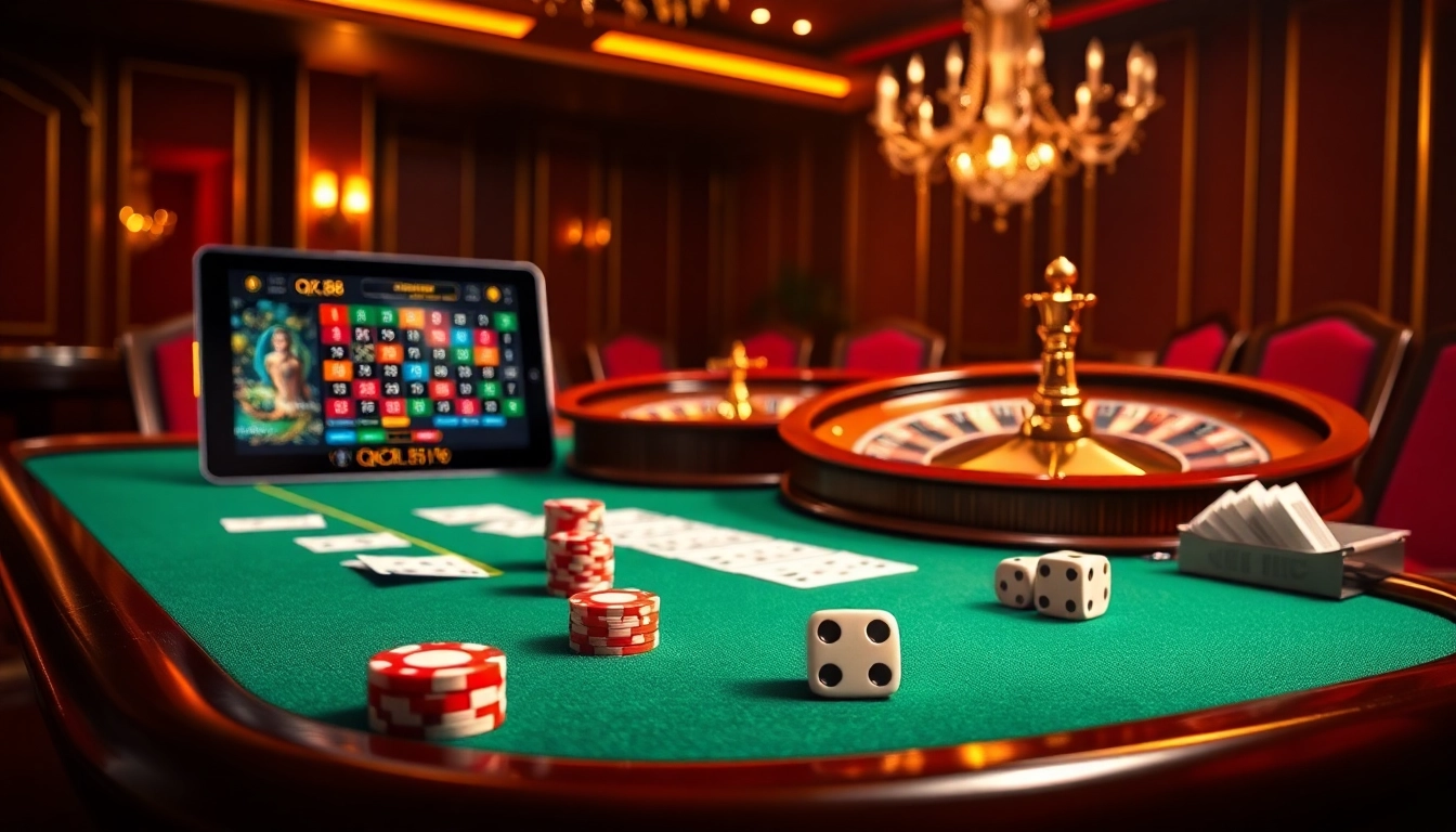 Experience high-stakes excitement at QQ88 with vibrant casino tables, cards, and roulette wheels.