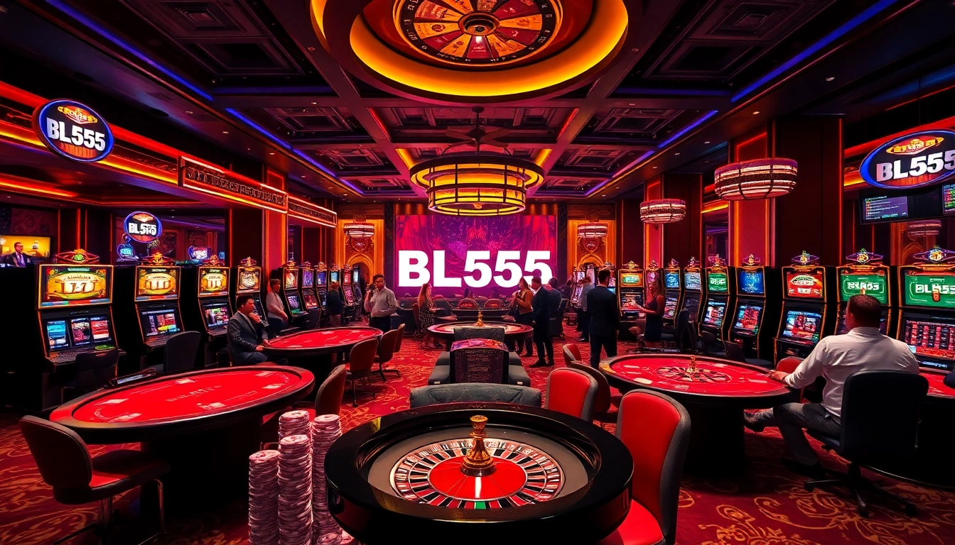 Experience the thrill of gambling at BL555's luxurious casino with vibrant slot machines and poker tables.