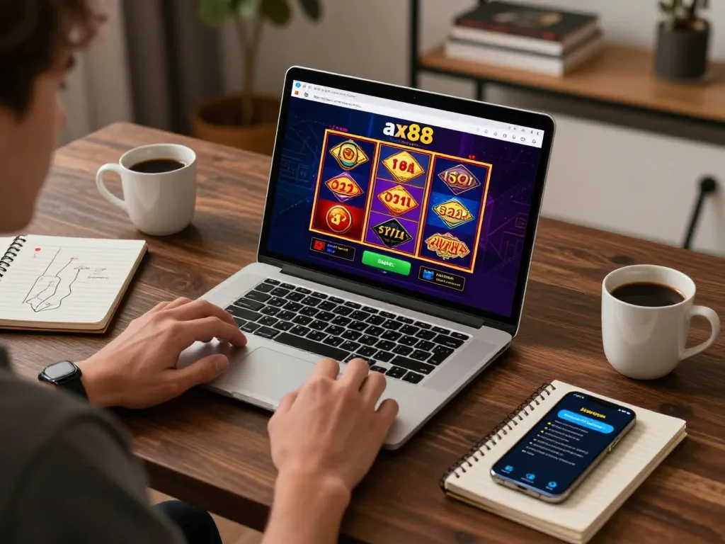 Player enjoying slots on ax88 online casino, showcasing a cozy home setup with gaming notes.