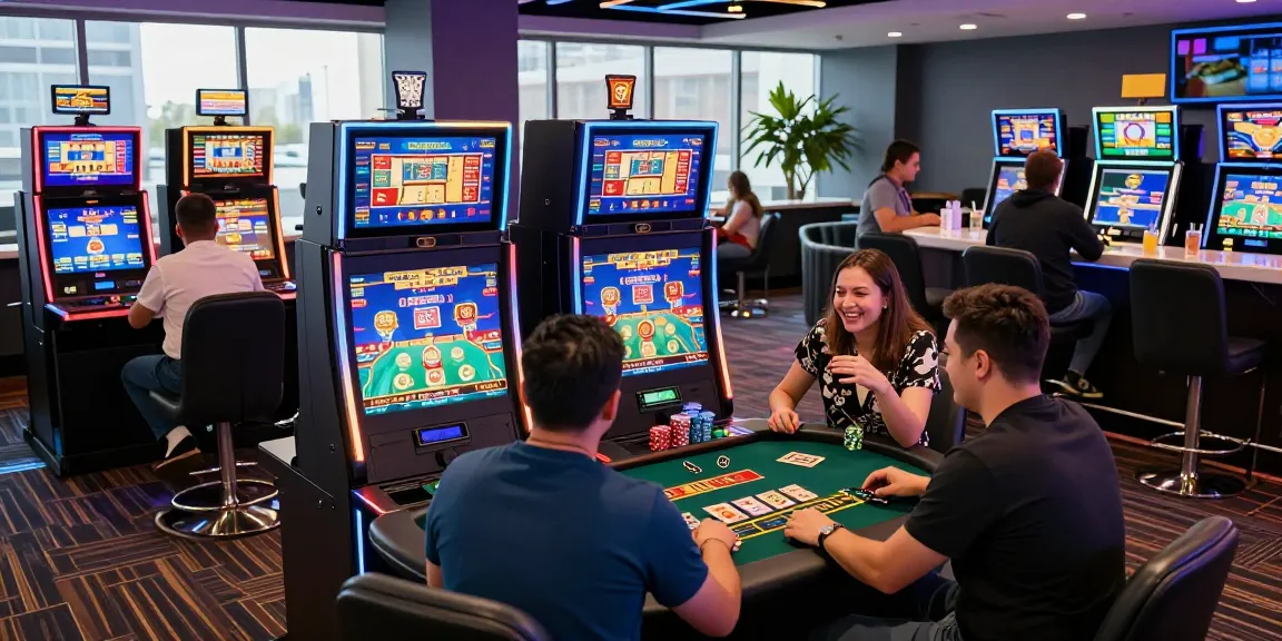 Players enjoying slots in vibrant casino lounge showcasing online casinos that accept credit cards.