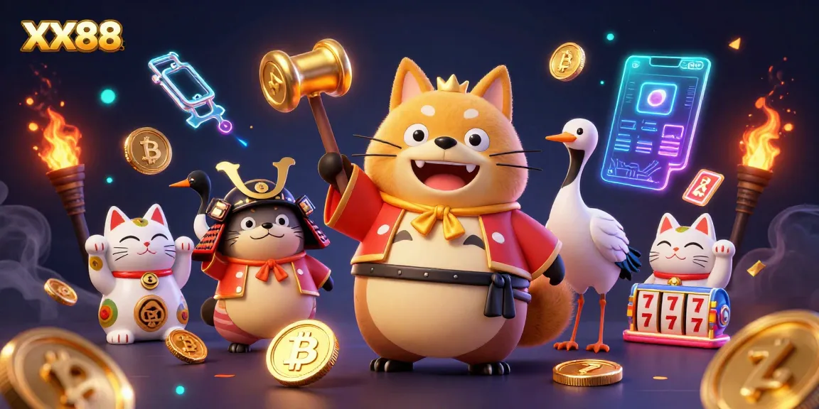Engage with XX88's vibrant online casino world featuring cheerful tanuki, crypto elements, and slot references.
