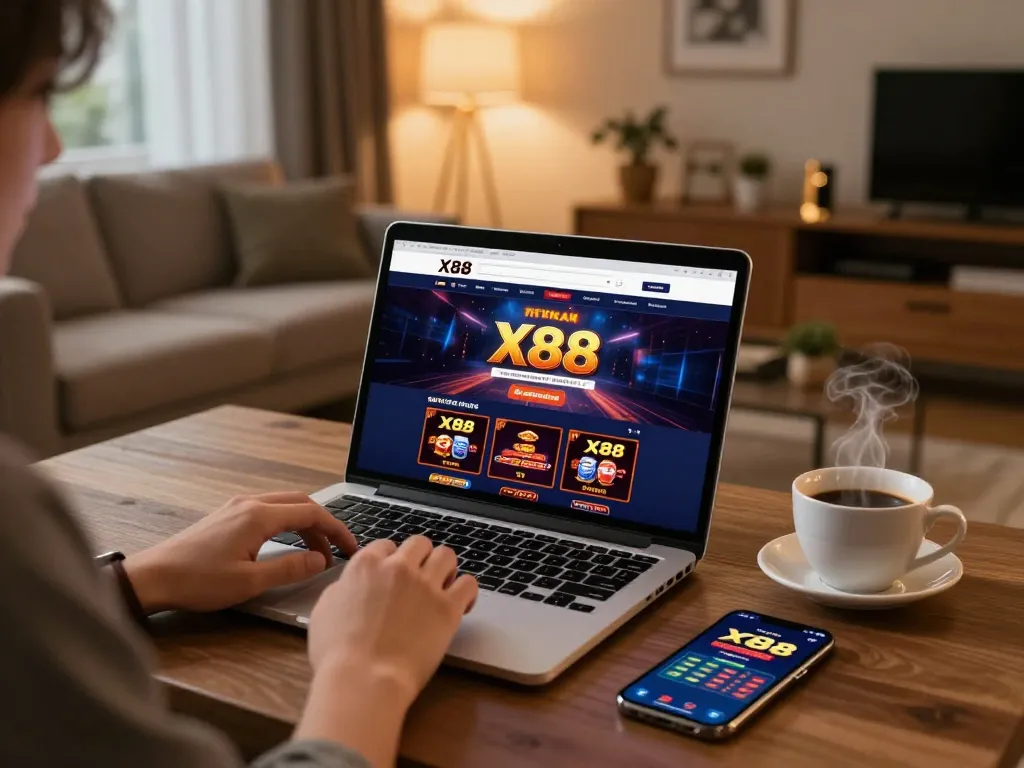 X88 user engaging with online casino games at home, showcasing a modern gaming setup.