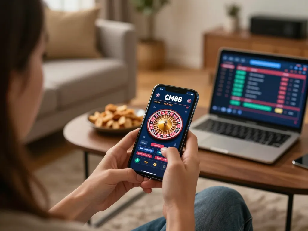 Engaging gameplay on CM88 mobile app showing roulette wheel with snacks nearby in cozy setting.