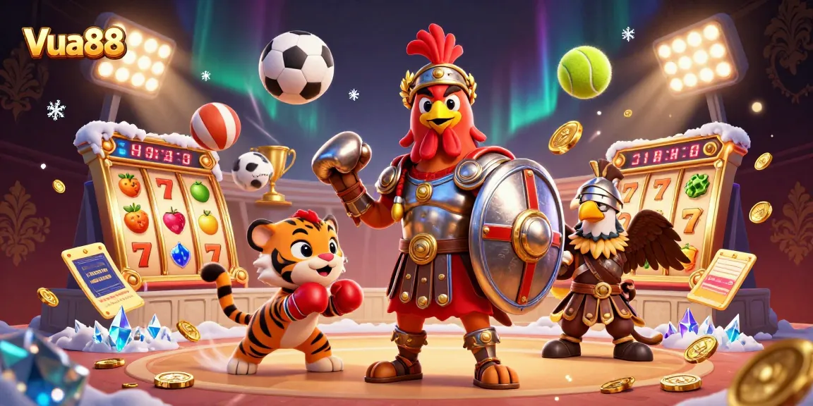 Engage with Vua88's thrilling gaming arena featuring dynamic characters and vibrant betting elements.