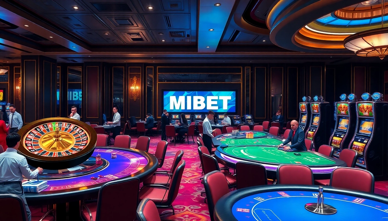Mibet gaming area showcasing poker tables, a roulette wheel, and slot machines in a luxurious casino setting.