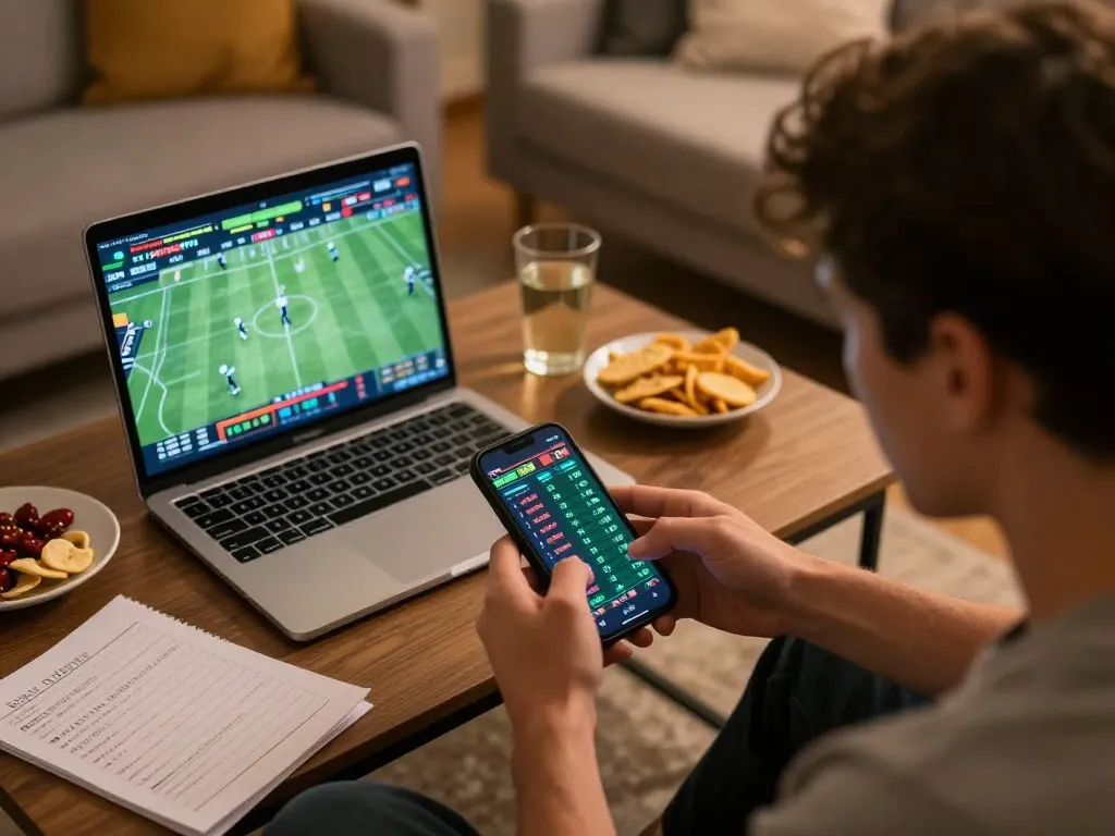 Capturing a thrilling moment of sports betting with twiin68 on a smartphone in a cozy home setting.