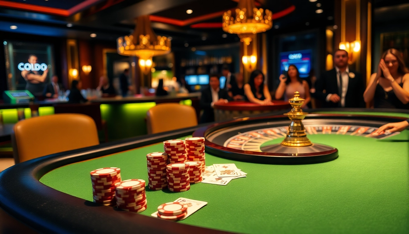 SODO Casino tables featuring poker chips and illuminated roulette wheel create an exciting gaming atmosphere.