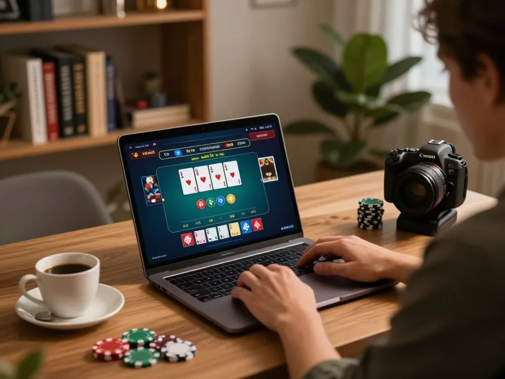 Player enjoying NK88 online poker experience on laptop with betting interface displayed.