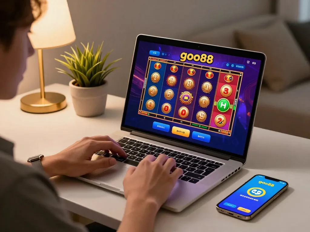 Enjoying gameplay on go88 platform with laptop and smartphone setup, showcasing engaging online slots experience.