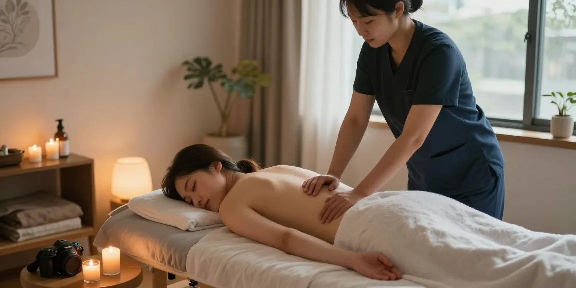 Relaxing 노원출장마사지 in a tranquil home environment with ambient light and soothing elements.