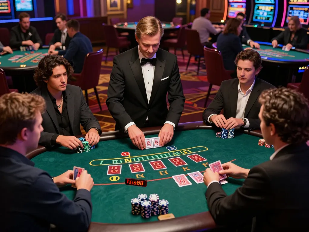 Experience thrilling gameplay at Tic88 casino blackjack table with vibrant chips and dynamic players.