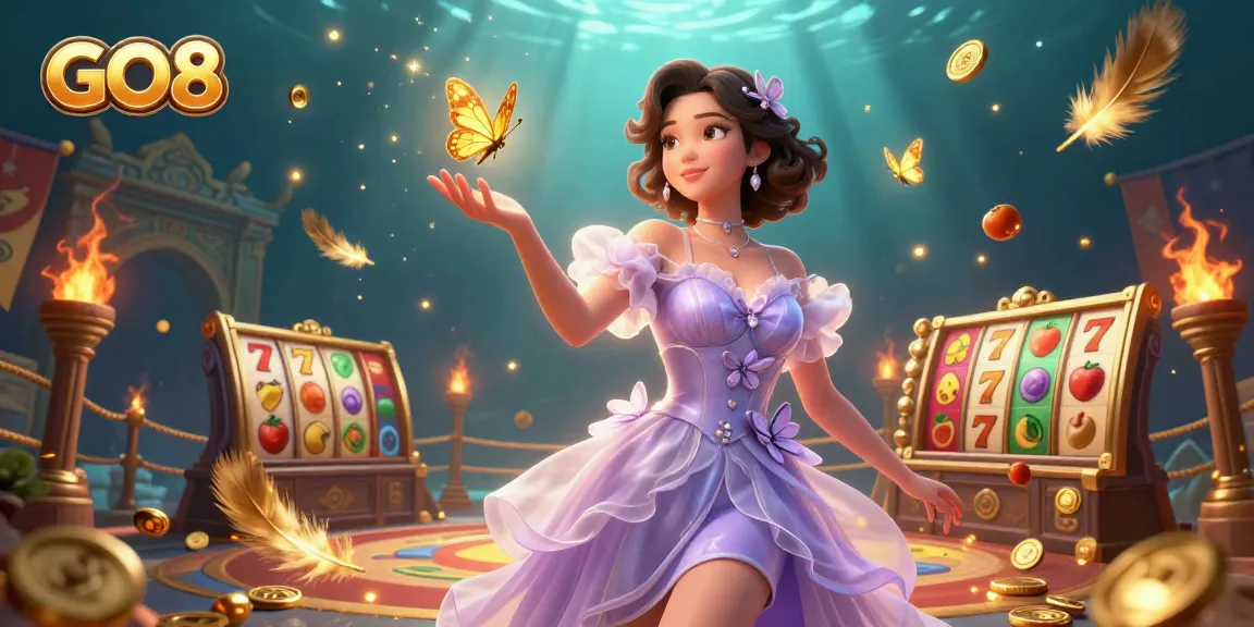 Experience the thrill at GO8 casinos with vibrant slots, butterflies, and dynamic gaming elements.