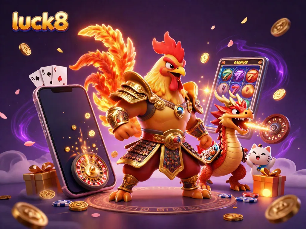 Engage with luck8's vibrant 3D casino scene featuring a rooster warrior, dragon, and slot games.