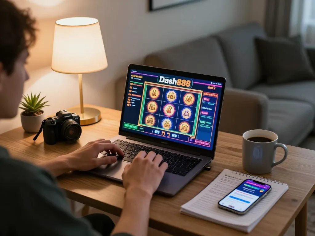 Engaging online casino gameplay on dash88, depicting a player focused on strategies, cozy home setting.