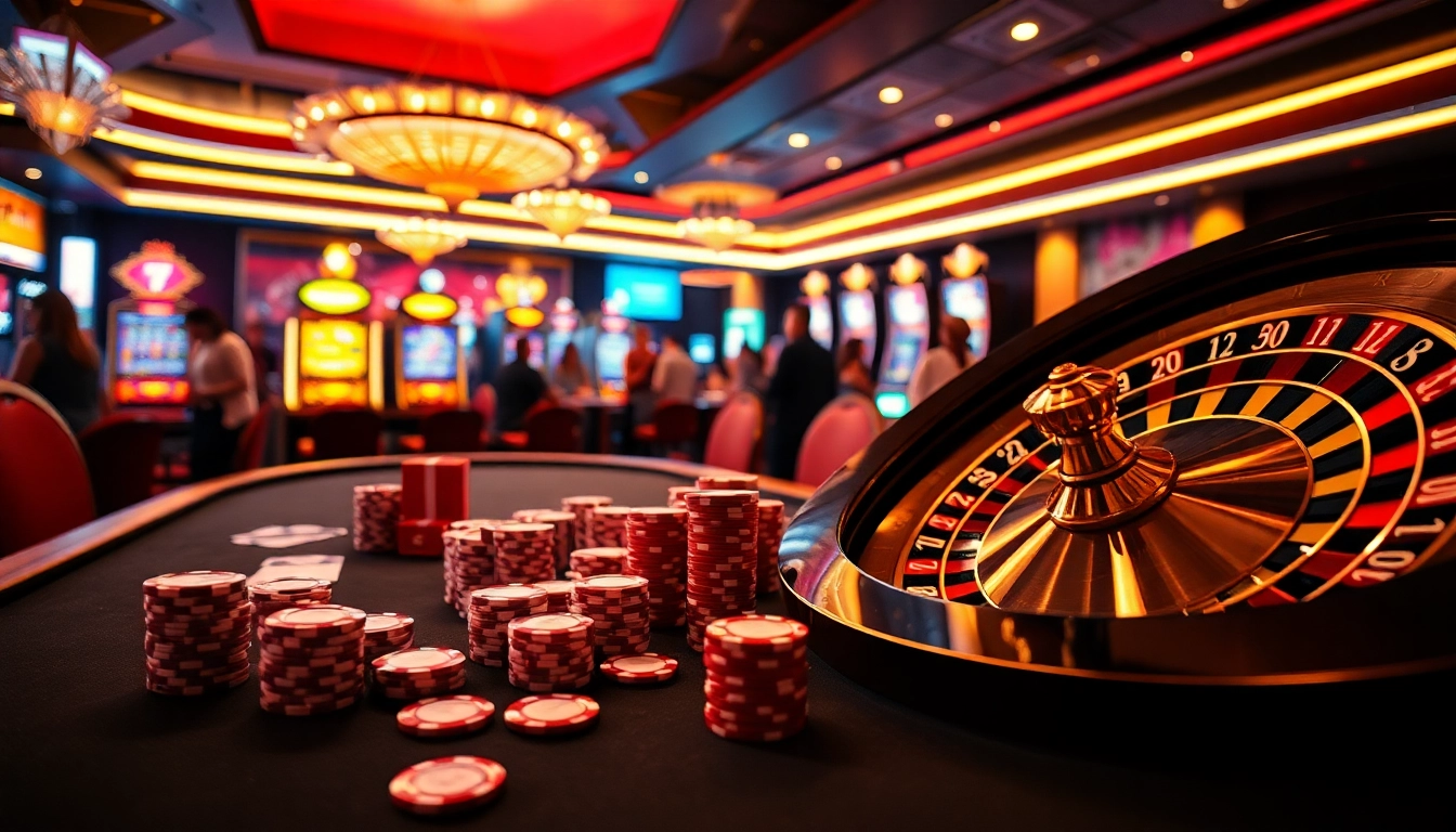 Experience the thrilling excitement of f168 in a luxurious casino atmosphere with vibrant poker tables, roulette wheel, and eager players.