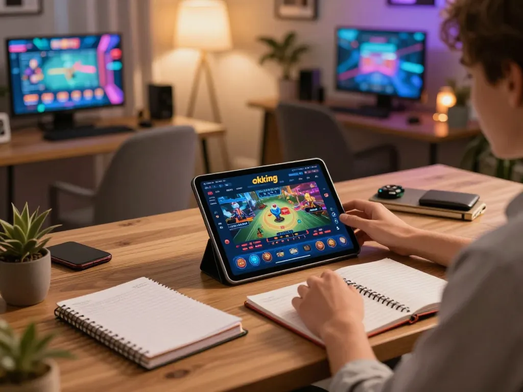 Engaging with okking online gaming platform in a cozy home environment.