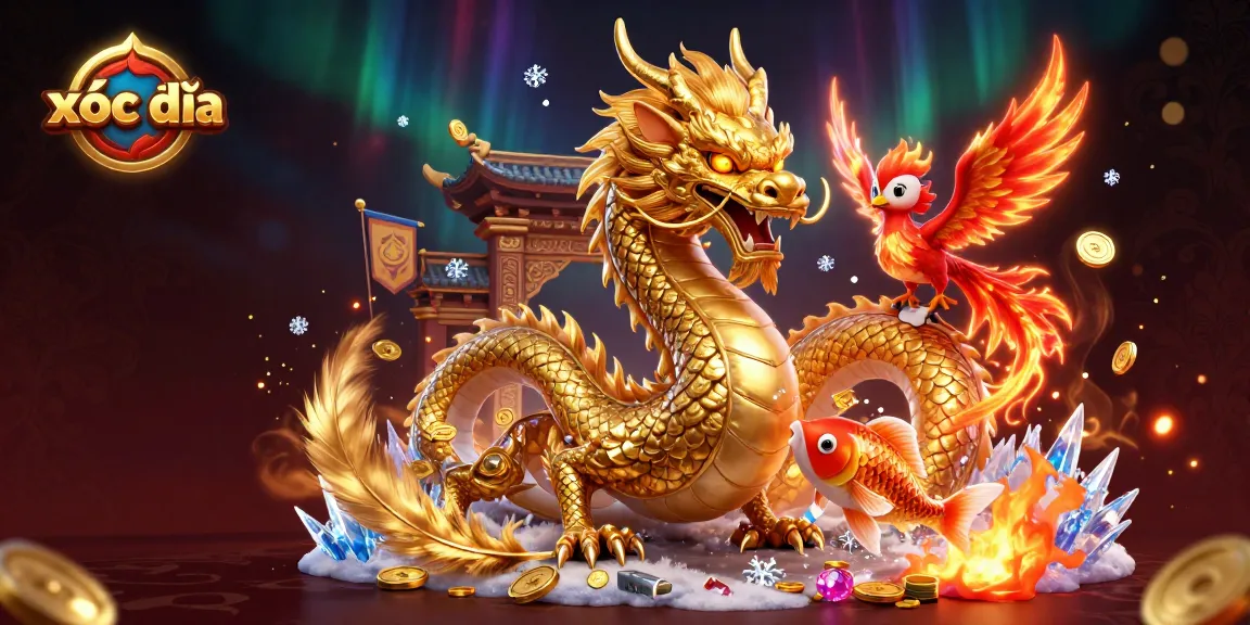 Play xóc đĩa with exciting action as the dragon coils, koi fish leaps, and phoenix rides through sparkling coins.