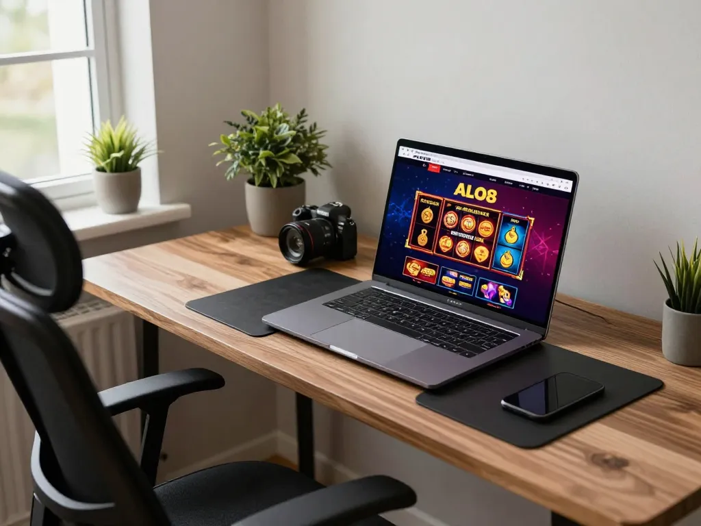 Person engaging with the ALO8 casino platform on a laptop at a stylish home desk.