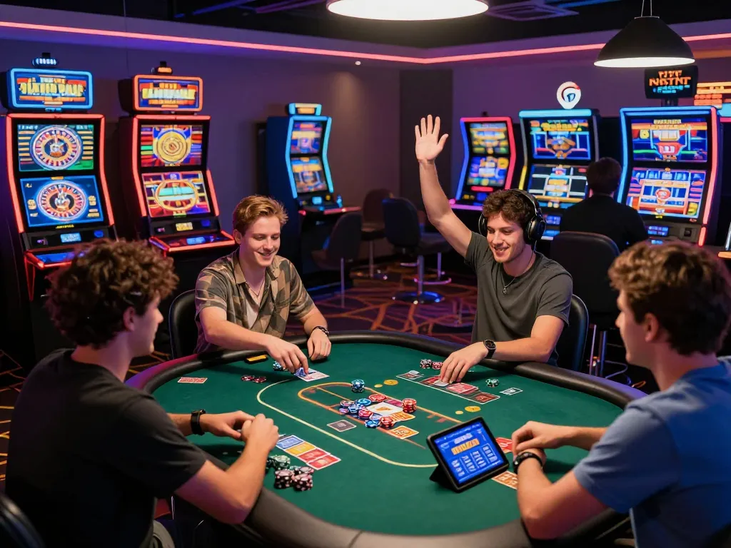 Exciting scene at a vibrant 789win online casino showing players at gaming tables and machines.