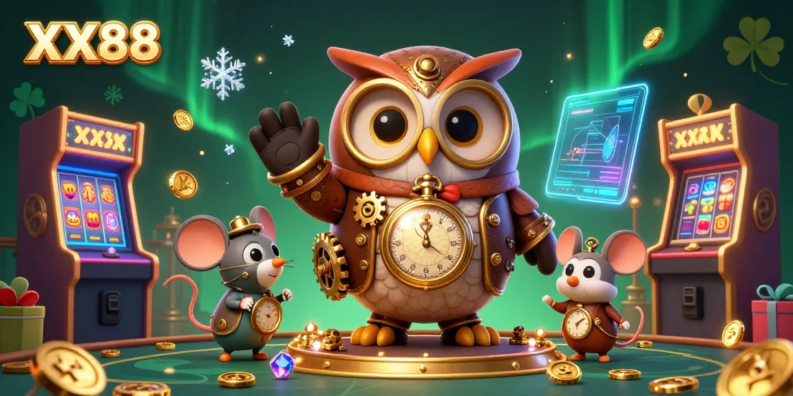 Engage with the thrilling world of XX88 casino games featuring a steampunk owl and neon arcade elements.