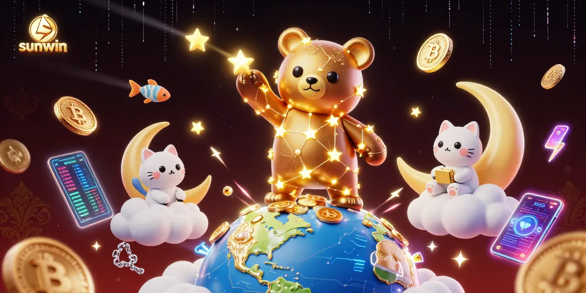 Sunwin showcases a vibrant casino scene with constellation characters and cryptocurrency elements.