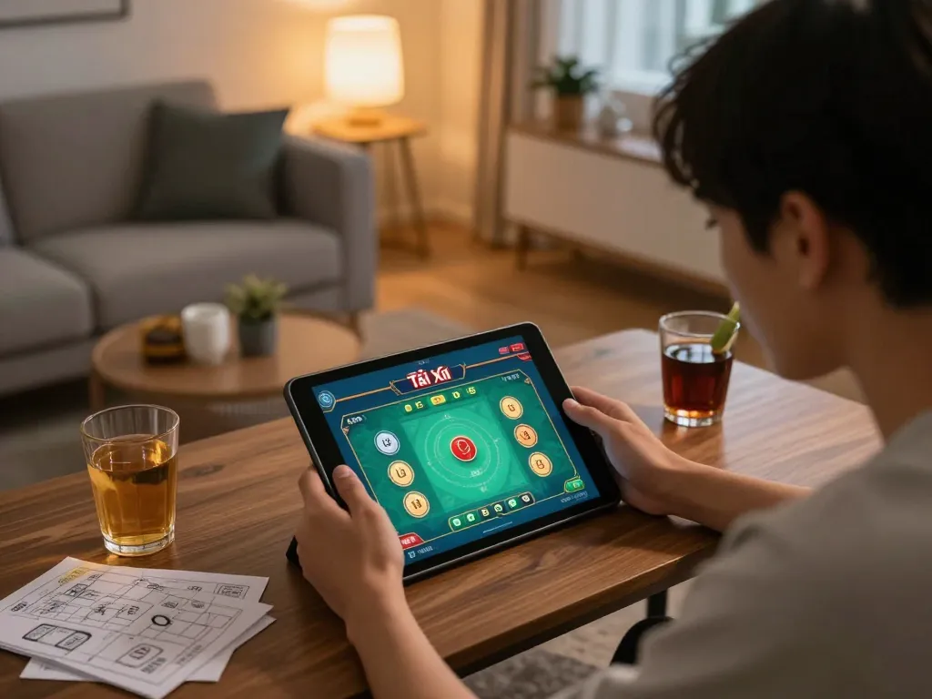 Tài Xỉu online gameplay setup with player immersed in strategic decisions using tablet at home