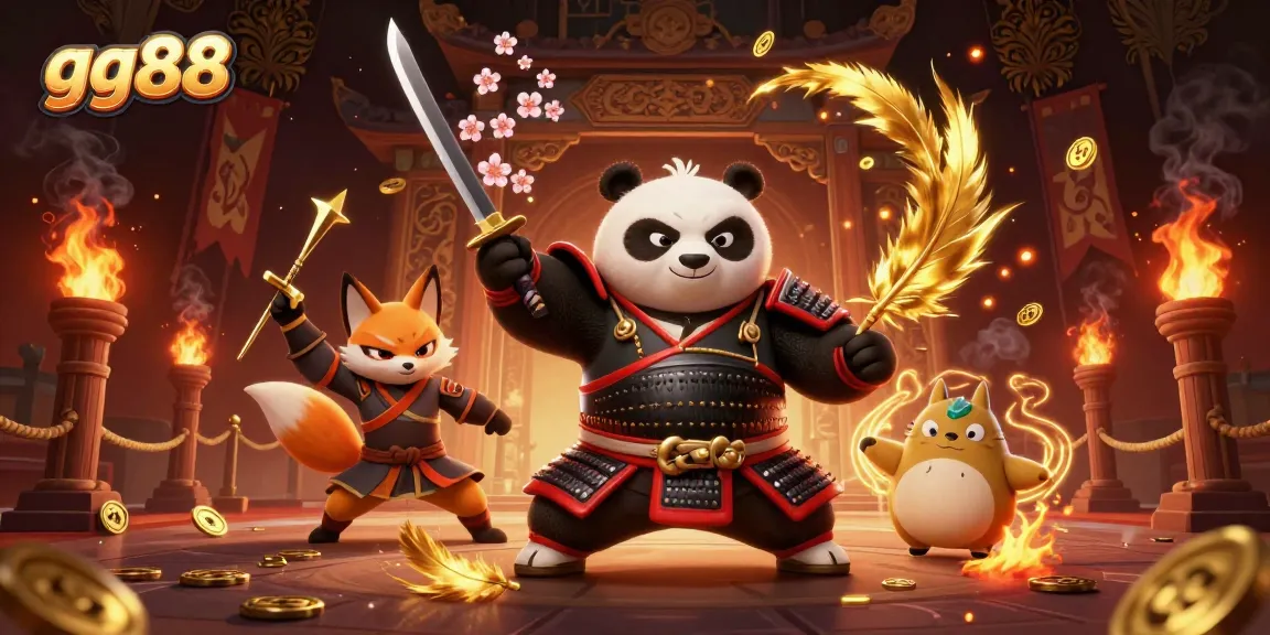 Master samurai panda battles in a vibrant gg88 casino scene with golden coins and dynamic shuriken.