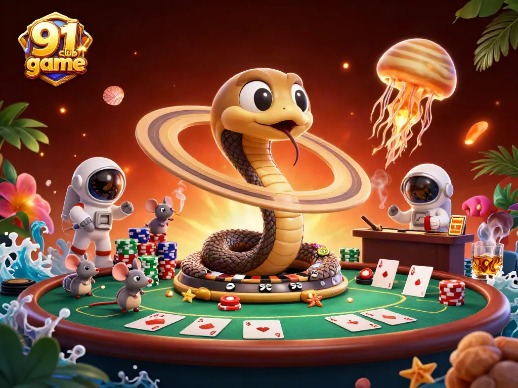 Engage with the 91 club game in a vibrant cosmic casino setting filled with playful astronaut mice.