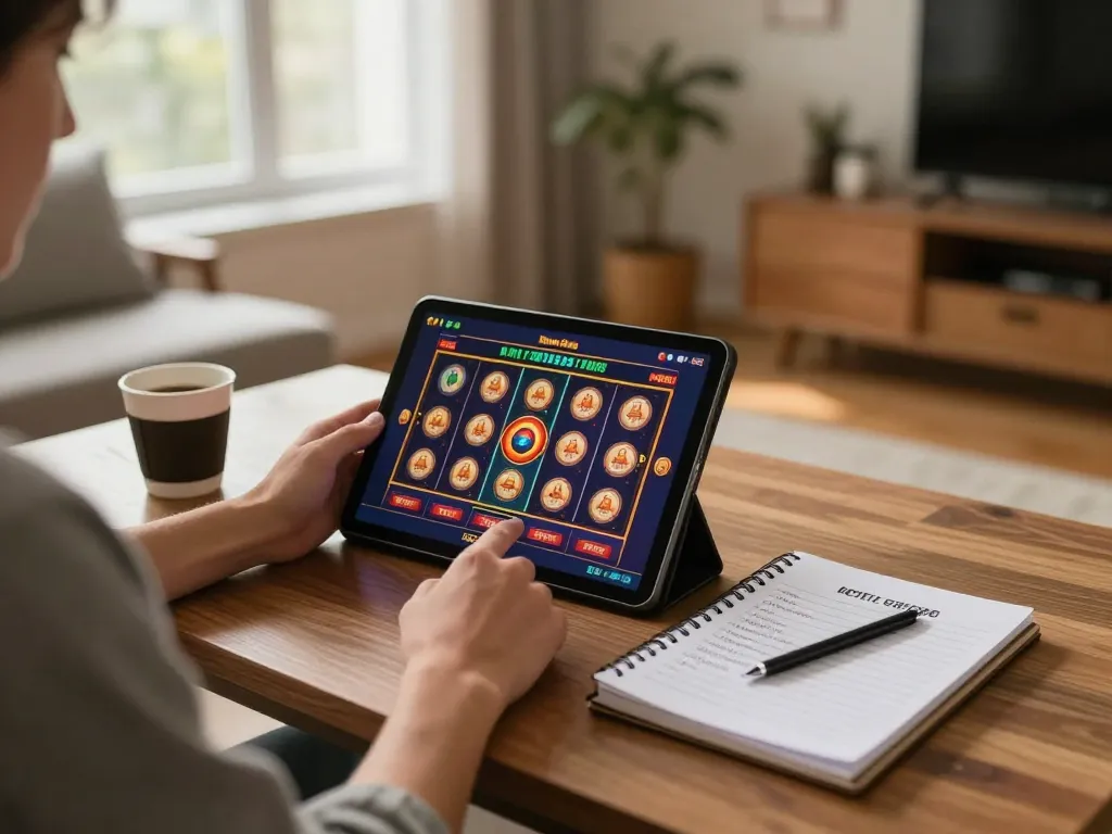 Engaged in online gambling at home using a tablet, showcasing nhà cái uy tín and responsible gaming setup.