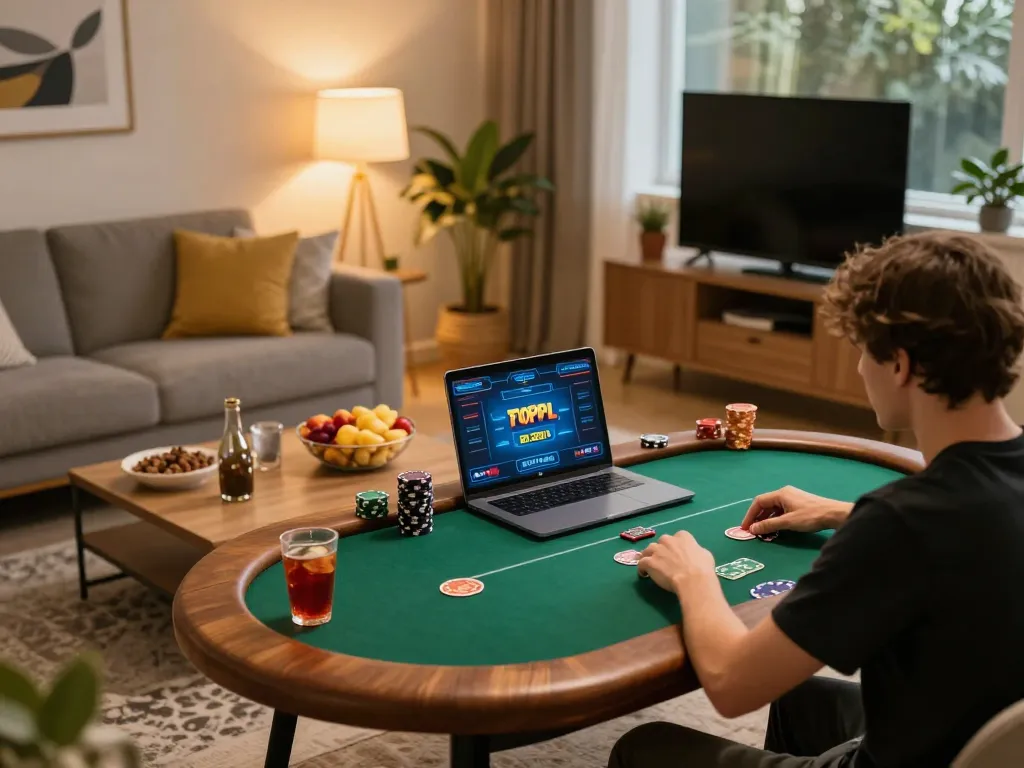 Playing poker on a laptop while enjoying snacks in a cozy setting, 789Club gaming featured