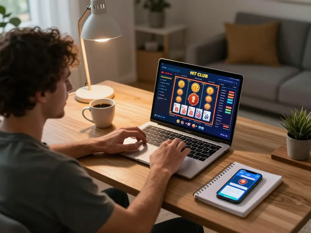 Engaging in a dynamic online game with HIT CLUB platform at home, showcasing modern gaming atmosphere.