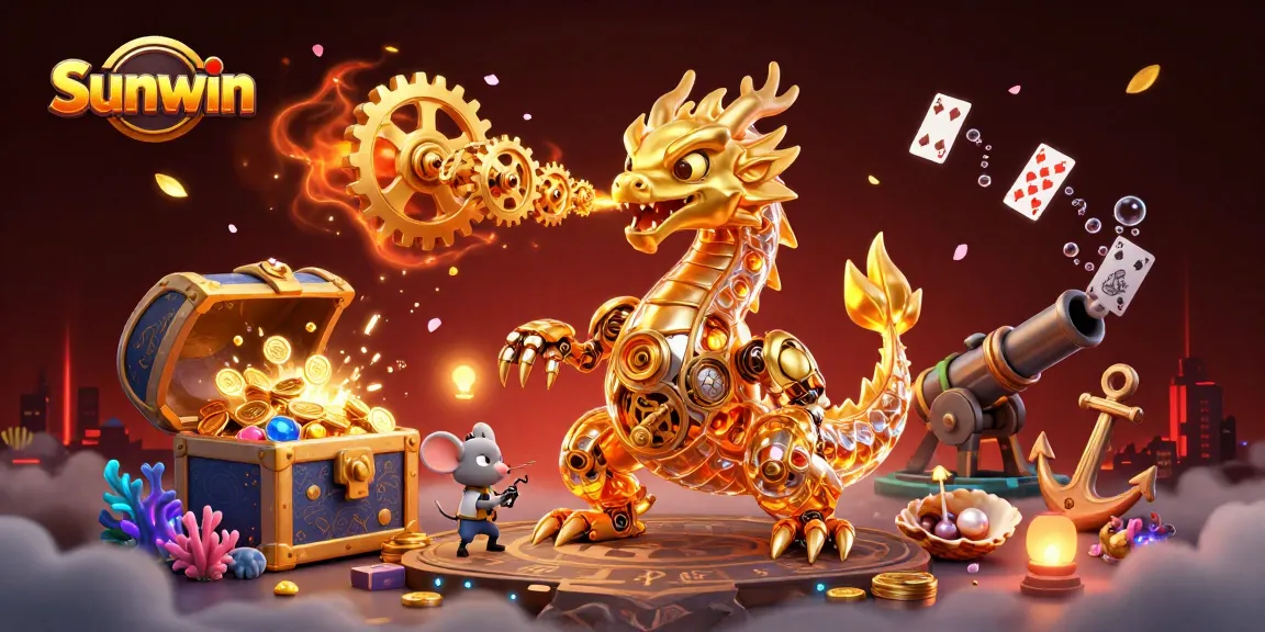Experience Sunwin's gaming magic with a dragon releasing golden rewards in an epic 3D scene.