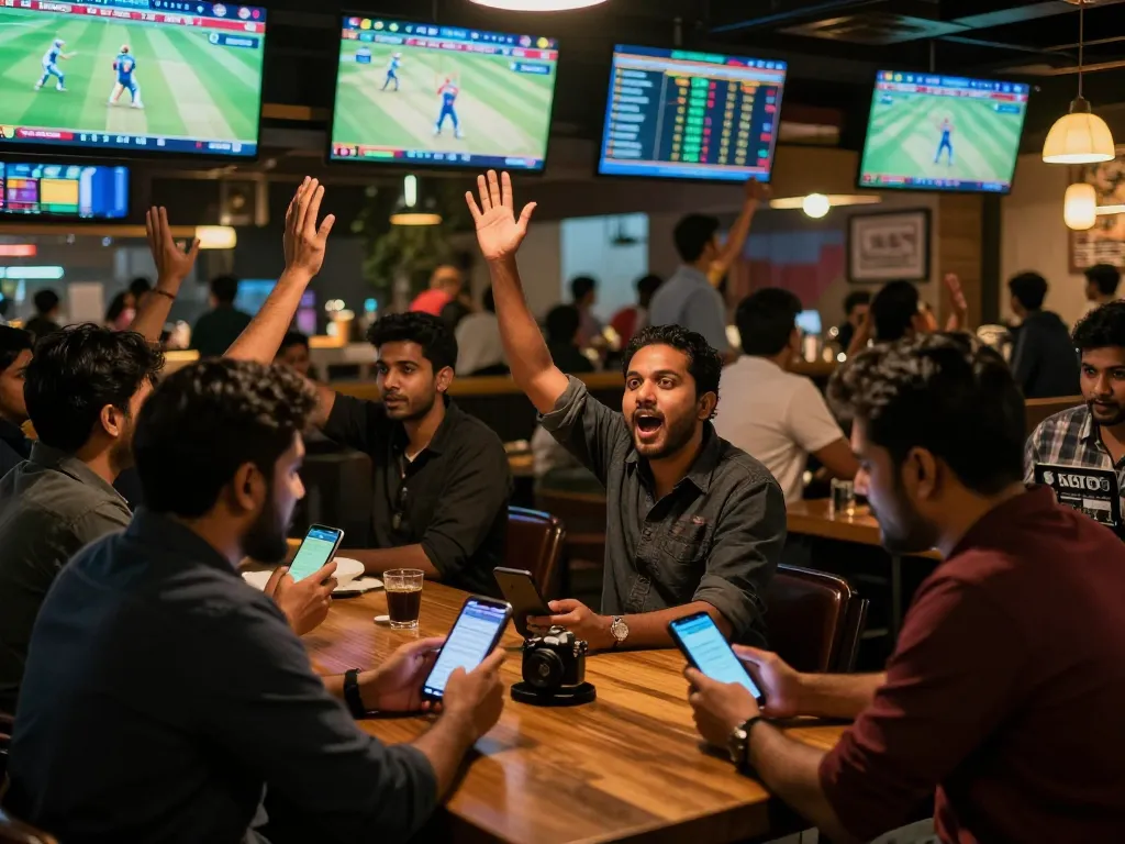 Engaging sports betting excitement at KKBD Bangladesh with enthusiastic bettors using mobile apps.