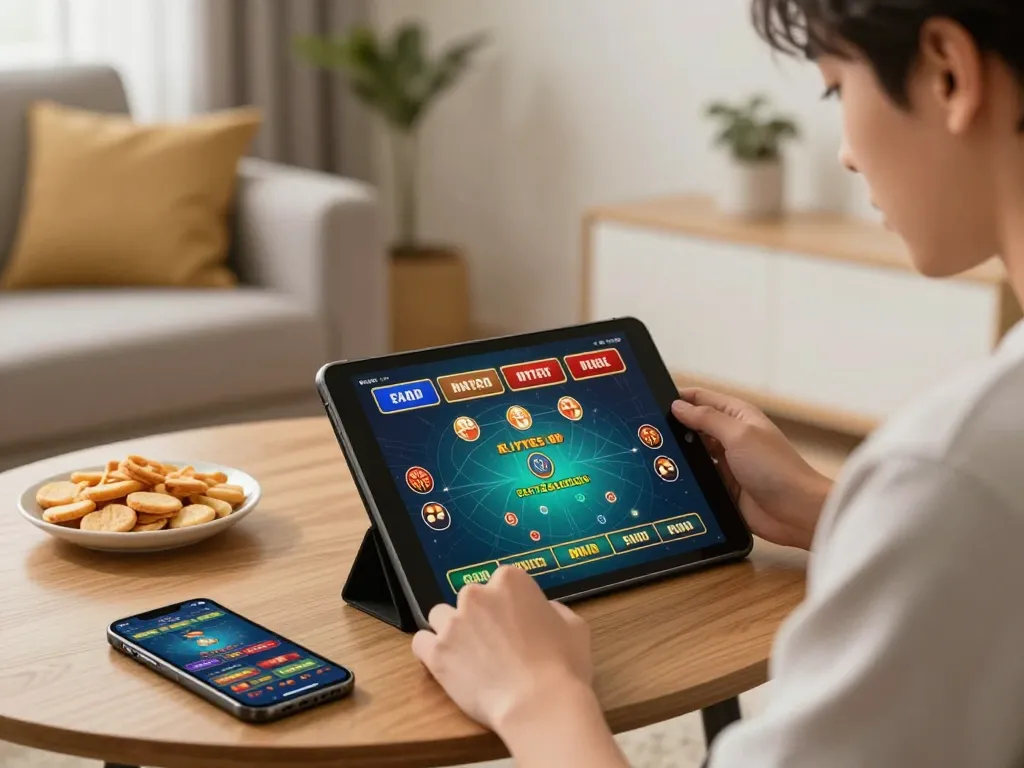 Experience thrilling online gambling with 789WIN on a tablet in a cozy home setting.