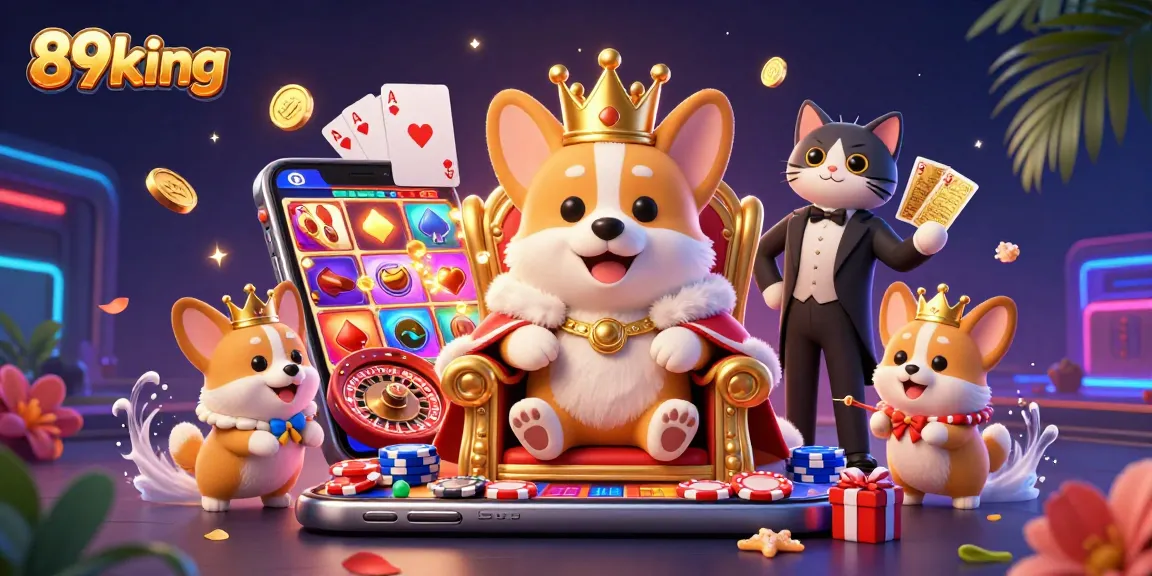 Experience thrilling gameplay at 89king with a royal corgi surrounded by dynamic gaming elements and prizes.