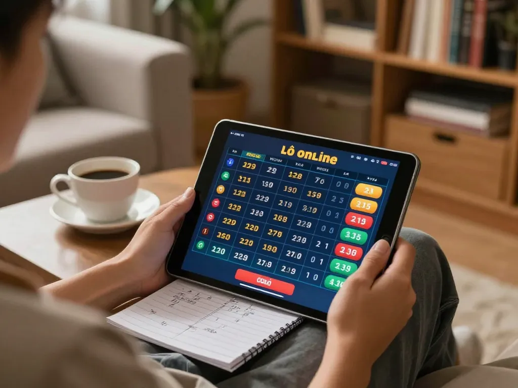 Engaging in lô đề online betting with strategy notes and tablet in a cozy living room