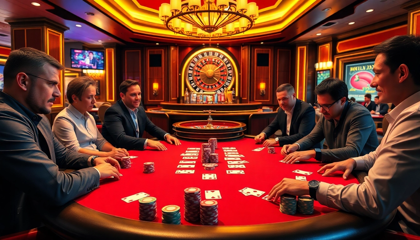 Players enjoying a vibrant poker game at https://hello88app.com/, featuring colorful chips and cards.