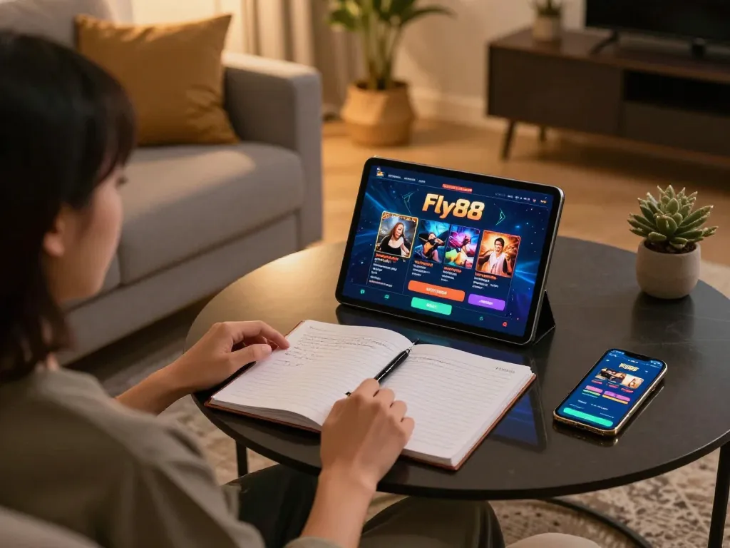 Engaging in online gaming with Fly88com biz app on tablet while tracking strategies.