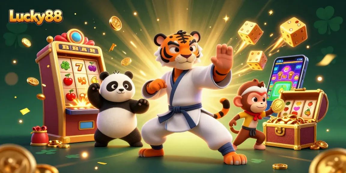 Lucky88 showcases a kung fu tiger and friends amidst a jackpot-filled casino scene