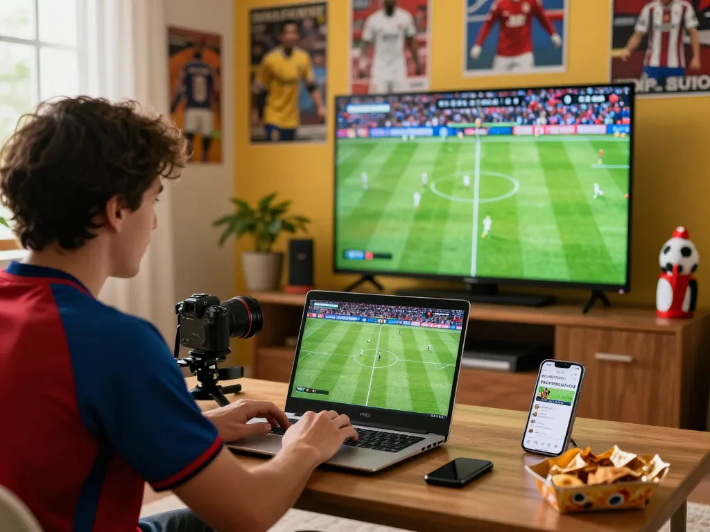 CakhiaTV live streaming football match experience at home with laptop, vibrant fan atmosphere, and full HD quality.
