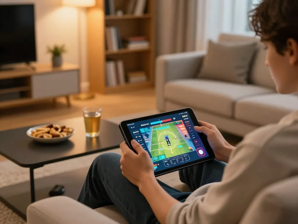 Engaged player enjoying Game bài đổi thưởng on a tablet in a cozy home gaming setup.