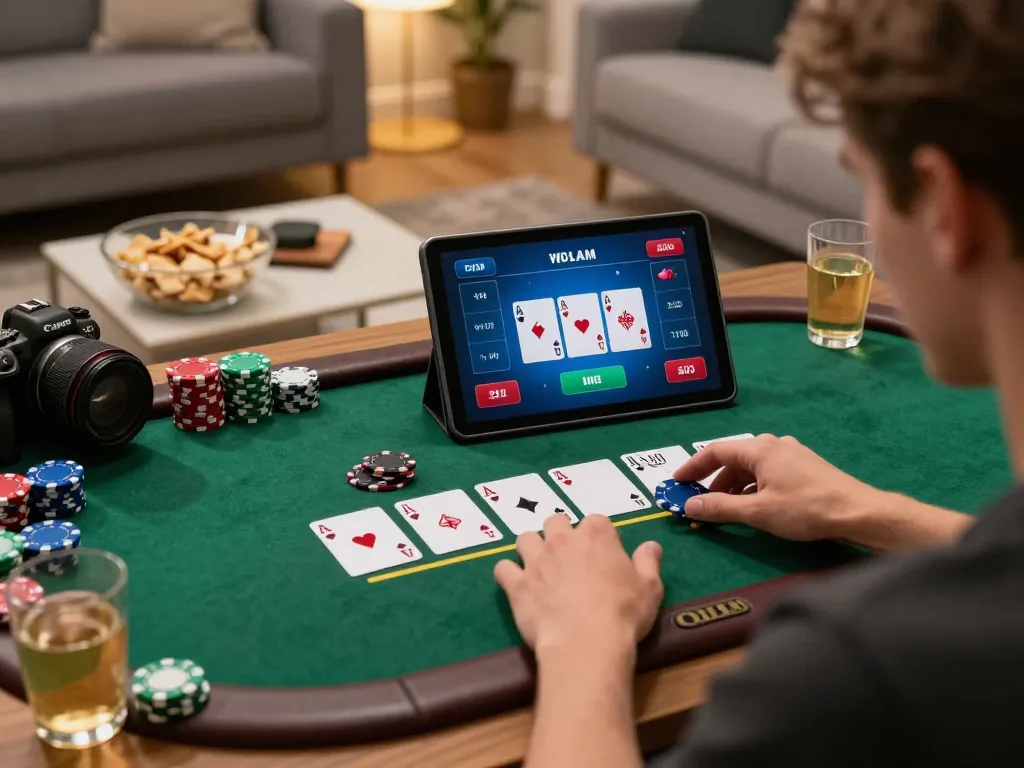 SX88 player strategizing during an online blackjack game on a tablet at home.