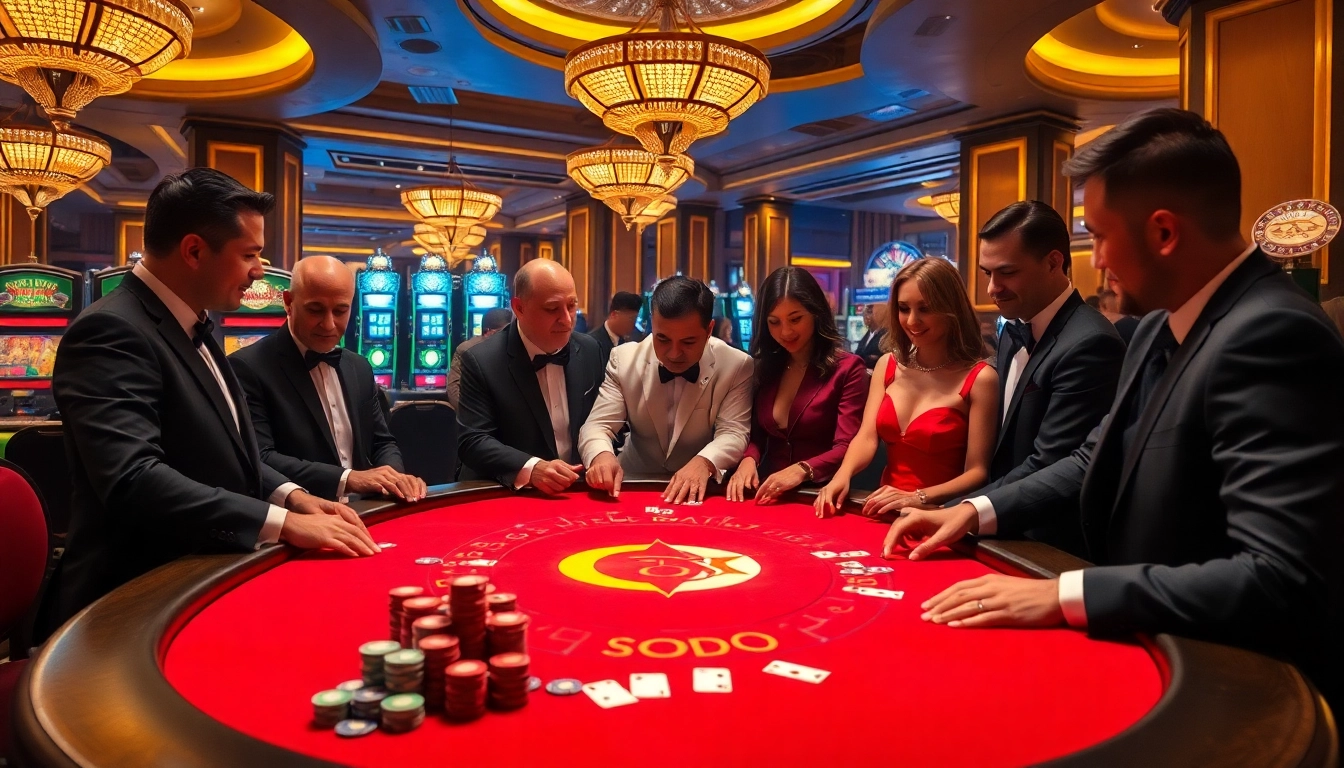 Experience high-stakes gambling excitement at the SODO poker table, with vibrant colors and luxurious ambiance.