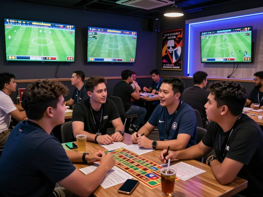 Engaged bettors analyzing kèo nhà cái in a vibrant sports betting lounge setting.