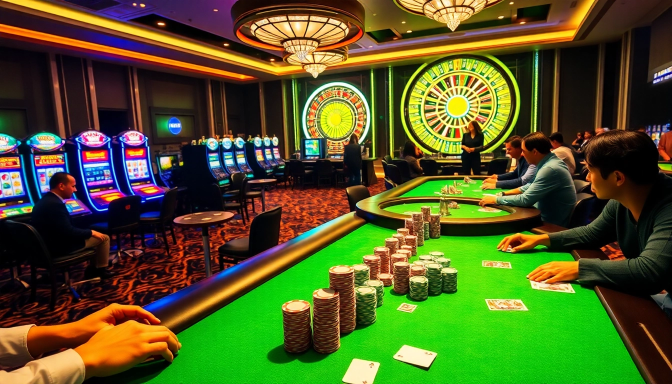 KJC poker players enjoying a luxury casino experience with vibrant chips and cards.