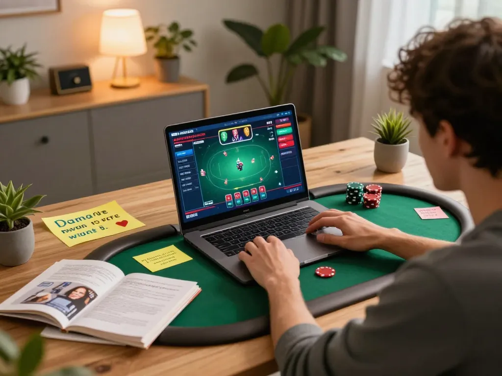 Engaging online poker gameplay at home with ok365 on laptop, cozy setup showing strategy notes.