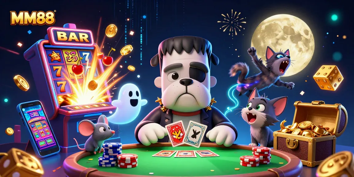 Play thrilling games at MM88 with a spooky scene featuring a Frankenstein bulldog dealer and exciting casino elements.