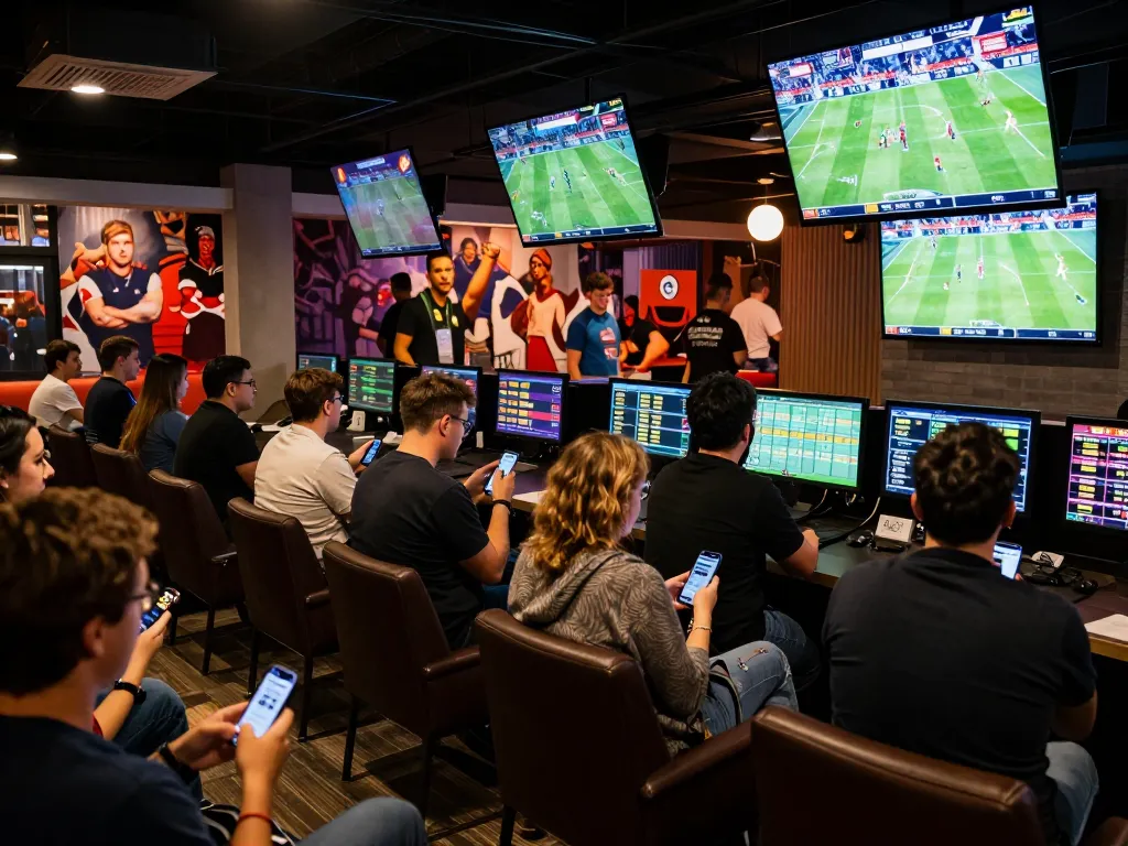 Dynamic sports betting scene showcasing tỷ lệ kèo nhà cái on multiple screens as eager bettors analyze odds.